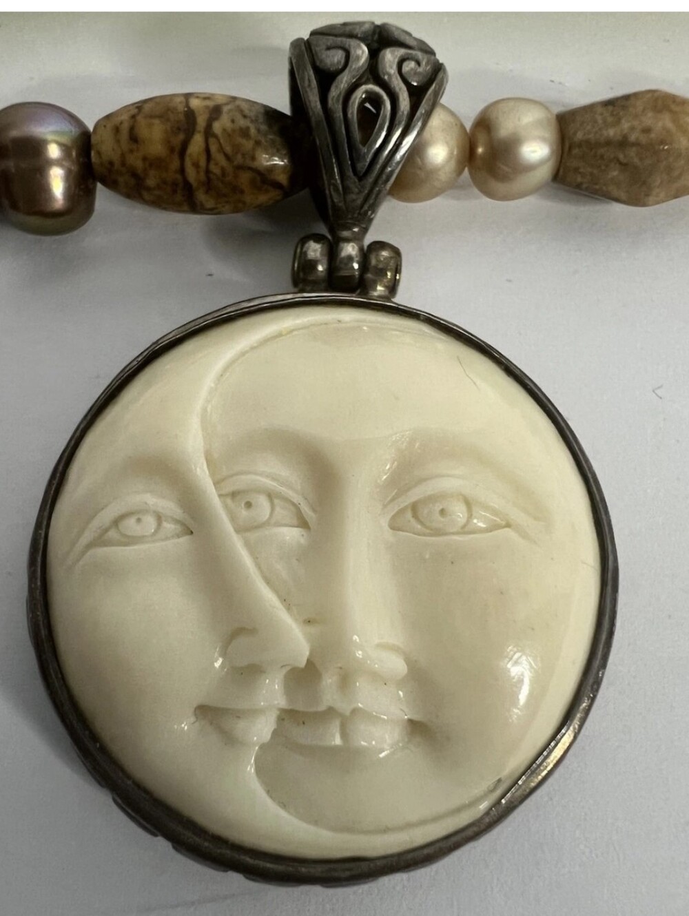 Sun/moon Face Sterling Beaded/stone Necklace
